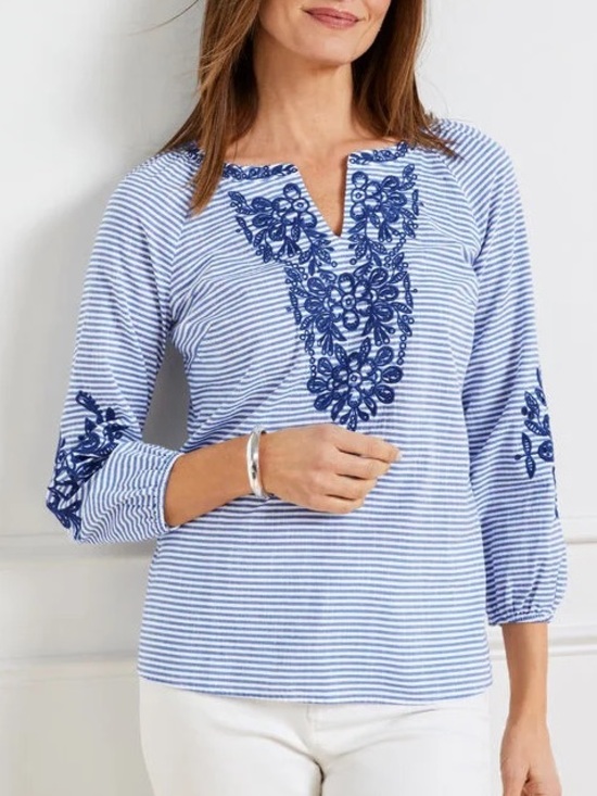 Talbots Tops - Talbots Harbor Stripe Embroidered Top